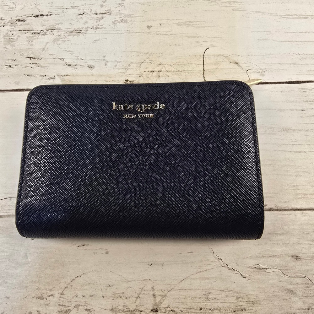 Kate Spade New York Navy Saffiano Leather Bifold Compact Wallet Blue Interior